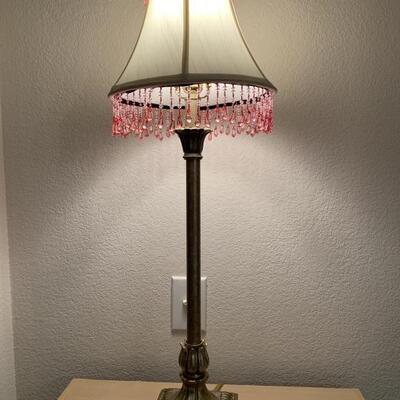 Antique Brass Finish Lamp w Pink Bead Tassel Shade