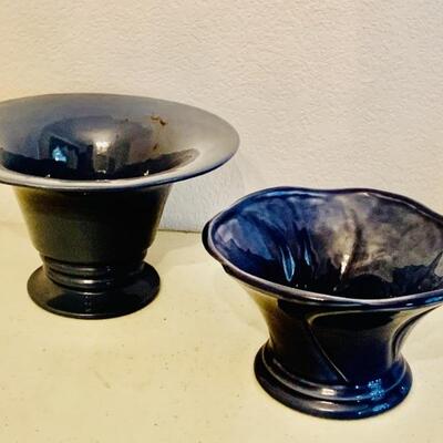 (2) Short Navy Blue Pottery Vases
