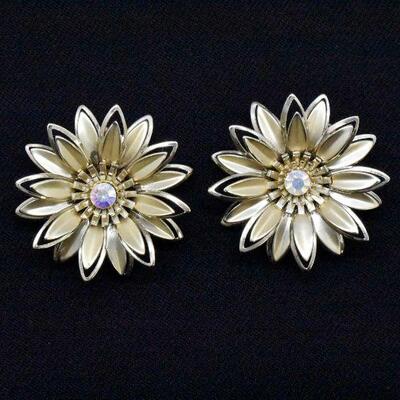 Floral Clip-On Earrings with Rhinestone in Center