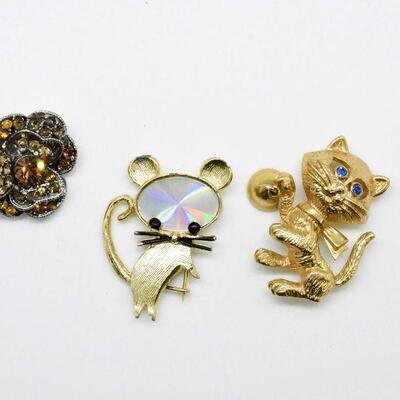 3 Brooches - 1 Cat 1 Mouse and 1 Floral