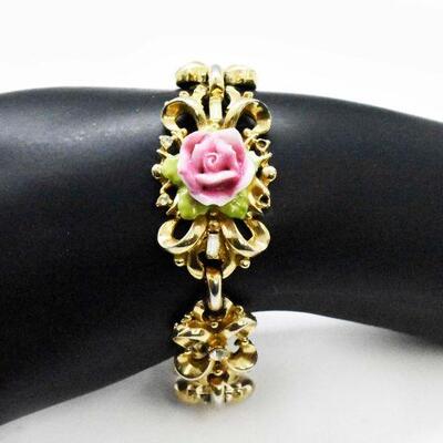 Coro Gold Tone Bracelet With Pink Rose