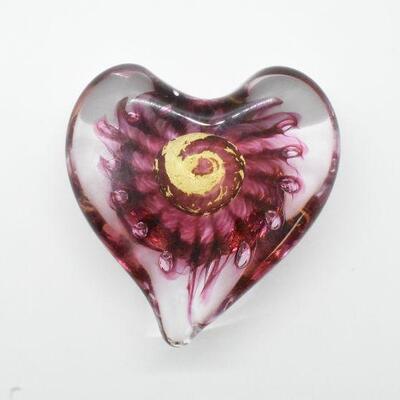 Signed Glass Heart Shaped Paper Weight