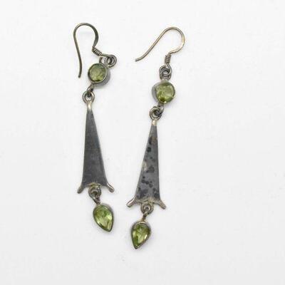 Sterling Silver Dangling Earrings w/ Green Stones