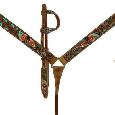 #548 â€¢ Hand Painted Feather Design One Ear Headstall and Breast collar Set
