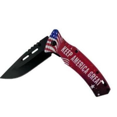 #537 â€¢ Red Tactical Spring Assist America Flag Knife.
Red Tactical Spring Assist America Flag Knife. American Flag design on the handle...
