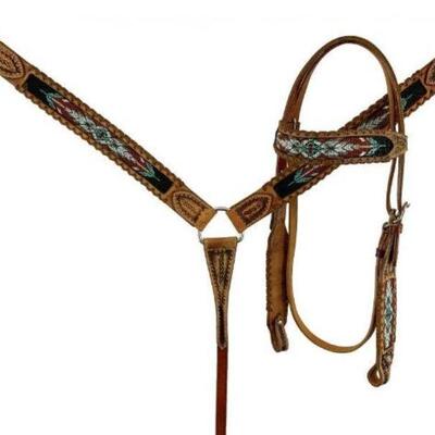 #501 â€¢ Browband beaded Headstall and Breast collar Set w/ rawhide lacing accents. Browband beaded Browband Headstall and Breast collar...