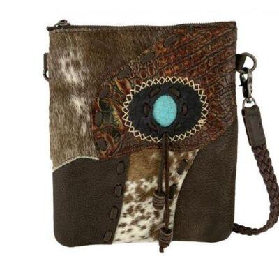 #506 â€¢ Genuine Leather Crossbody Bag with cowhide & gator accents, w/ turquoise stone