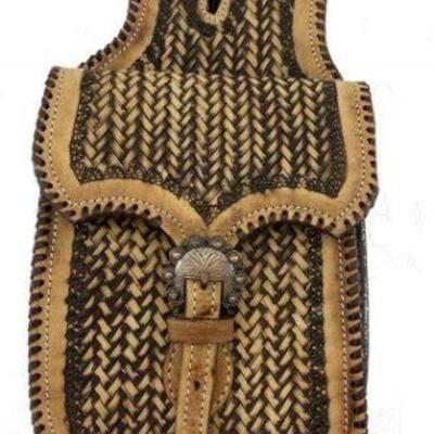 #562 â€¢ Two tone basket tooled leather horn bag. Two tone basket  tooled leather  horn  bag.  This bag features a antiqued basket...