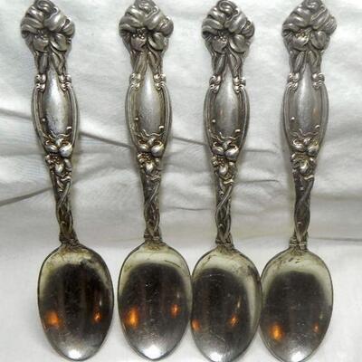 (4) Antique Sterling Ornate Lily Handle Spoons