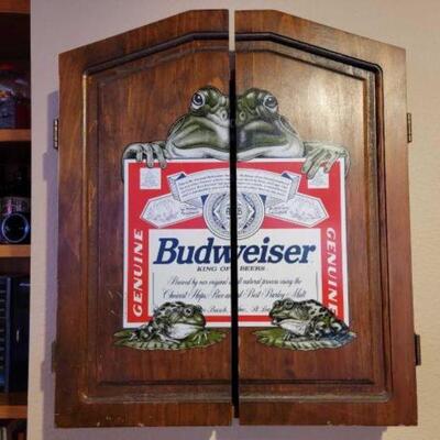 #1064 • Budweiser Dartboard Cabinet with Camel 9 Ball and Chalk