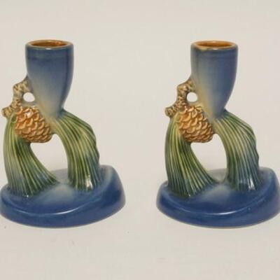 1012	ROSEVILLE BLUE PINECONE CANDLESTICKS, 4 1/2 IN H 
