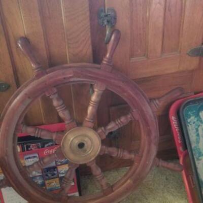 ships wheel $5.00  antiques oak ice box  $25