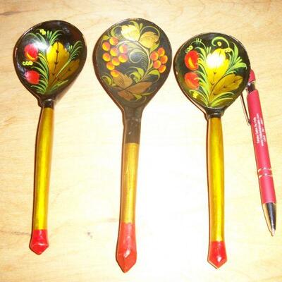 Vintage Russian Khokhloma Painted Wood Spoons