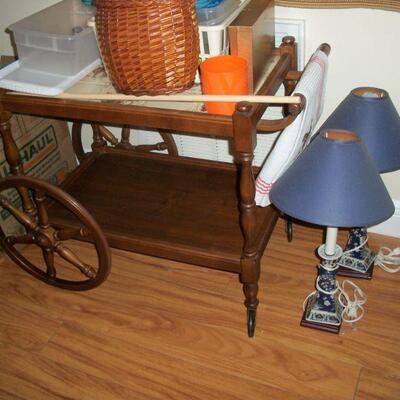 Vintage Wood Tea Cart ;  Pair of Blue and White Candlestick Lamps