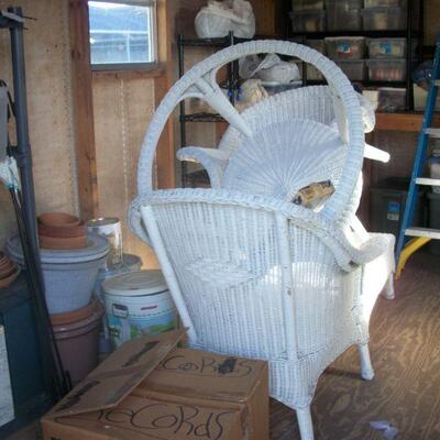 **BIN** -White Wicker Chaise Lounge ; **BIN** 6pcs. White Wicker Table with Glass top and 4 chairs ; **BIN**  - White Wicker Chair and...