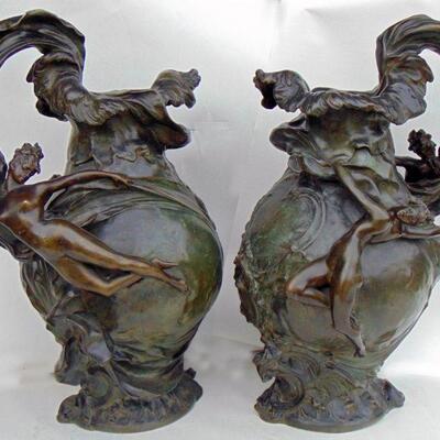 Pair A.R. Nelson bronze urns, circa 1870.