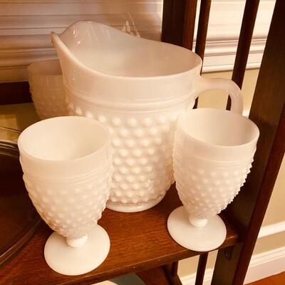 Hobnail milk  glass pitcher glass set