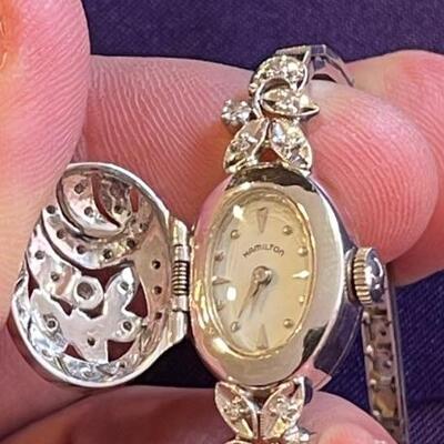 Solid 14k white gold and diamond Hamilton watch with flip cover