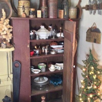 Primitive New England cabinet and lots of dishe ware