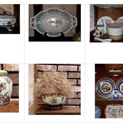 Porcelain pieces, Lenox, pewter display plates. 