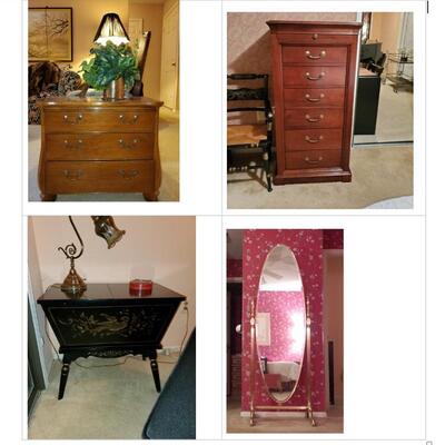 Amazing furniture pieces - Ethan Allen, Hitchcock Tell City Dough Box and look at that dressing mirror!  