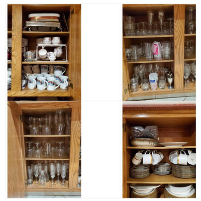 Dishes, drinking glasses, champagne glasses, wine glasses, cups, saucers and more!  