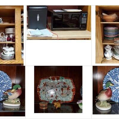 More kitchen items, paper shredder, microwave, display plates, Mallard ducks. 