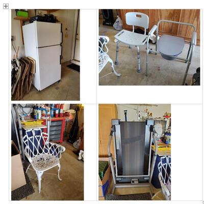 Refrigerator, hospital equipment, cute white lawn chair and treadmill.