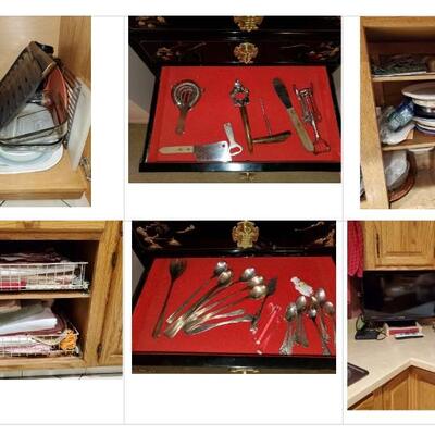 Kitchen items, small TV, toaster oven, plastic/paper servingware, bar items, linens.