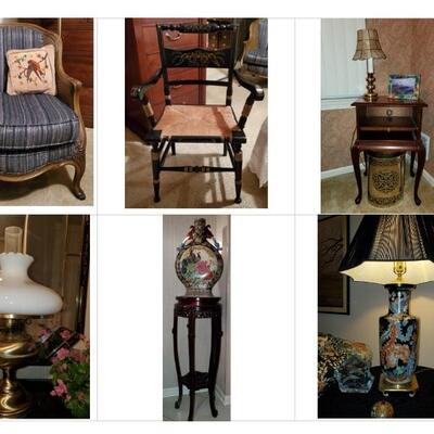 Ethan Allen chair, two (but only one shown) Hitchcock captain chairs, lamps, and more decor.  