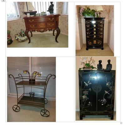 Tall hope chest, black lacquer flatware chest, bar car and black lacquer liquor cabinet