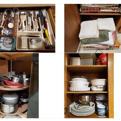 Tons of kitchen utensils, pots/pans, Corningware, linens