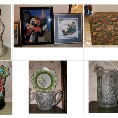 Cut glass, small statue, storage, counting cross stitch framed Mickey Mouse and other scenes.