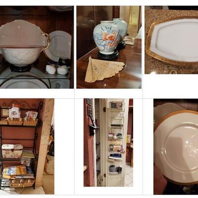 Lenox, Mikasa, kitchen items, bakers rack. 