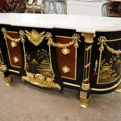 Lot # 225: Awesome French style 2 door 2 drawer Marble top commode with dore bronze in the ebonized walnut with keys Marble is good...