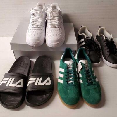 #5202 â€¢ New Pair Of Nike Air Force Ones, Two Pairs Of Addias Shoes, And Fils Slides