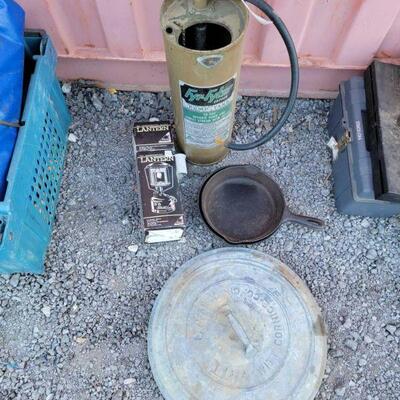 #80022 â€¢ Lantern, Fyr-Fyter Copper Pump Tank, Cast Iron Pans & Trash Can Lid