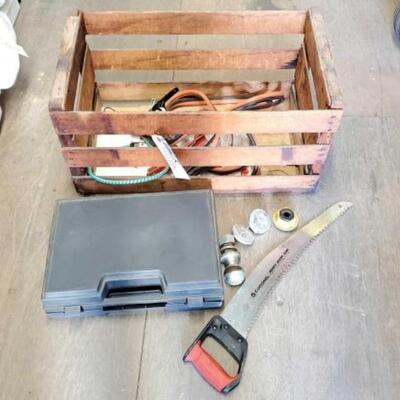 #4028 â€¢ Wooden Crate with Jumper Cables, Bunjee Cord, Hand Saw and More