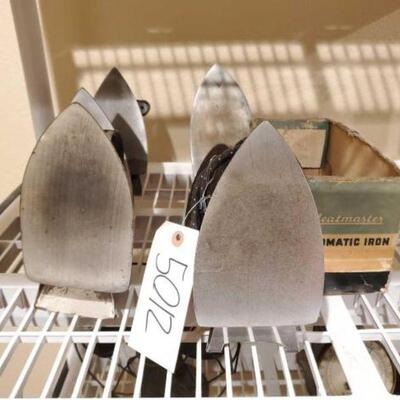 #2118 â€¢ Vintage Irons: Brands Include Heatmastet, Chevron, General Electric, Westinghouse and More!. 