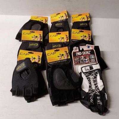 #5216 â€¢ 8 Pairs Of Weight Lifting Gloves And A Pair Of Frankline Baseball Gloves. Weight Lifiting Gloves Are All Size L Baseball Gloves...