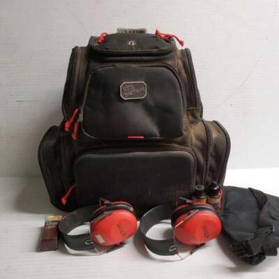 #8078 â€¢ NRA Tactial Backpack, 2 Ear Muffs, Gun Cleaning Supplies, And Shoulder Shooting Pad
