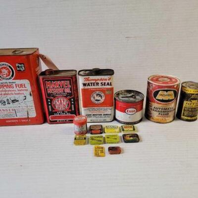 #8058 â€¢ Vintage Oil Cans & Fuse, Ex-lax, Flints & Cotter Pin Tins