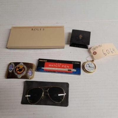 #6064 â€¢ Pocket Watch, Sunglasses, Belt Buckle, LED Pen & Rolfs Wallet
