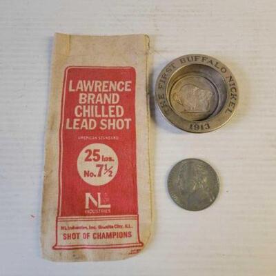#8060 â€¢ Lawrence Brand Chilled Lead Shot Bag. Buffalo Nickle Tray & A Large Replica Nickle