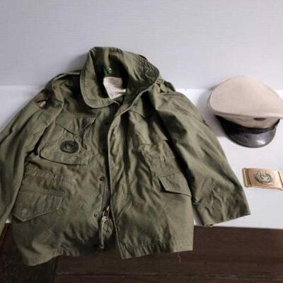 #8072 â€¢ Army Cold Weater Feild Jacket. Army Belt Buckle & Military Police Cover, Hat