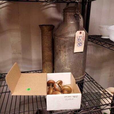 #5038 â€¢ Vintage Milk Jug, Brass Doorknobs, And Vase