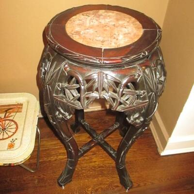 Chinese Rosewood & Marble Carved Stand 