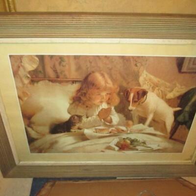 Suspense Charles Burton Barber Print Girl Dog Cat Breakfast Praying  