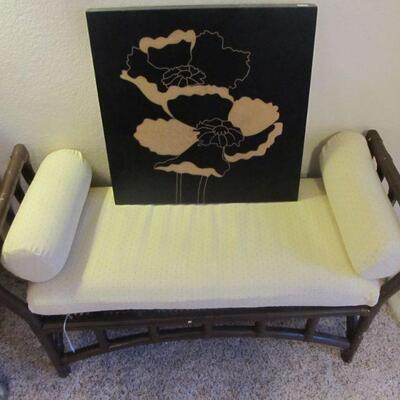 VINTAGE BAMBOO BENCH W/ PILLOWS & UNIQUE ART