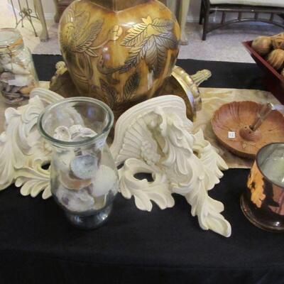 NICE COLLECTION OF VASES AROUND HOUSE & CORBEL SCONCE PAIRS. ALSO SEA SHELL COLLECTIONS IN VASES & BOWLS